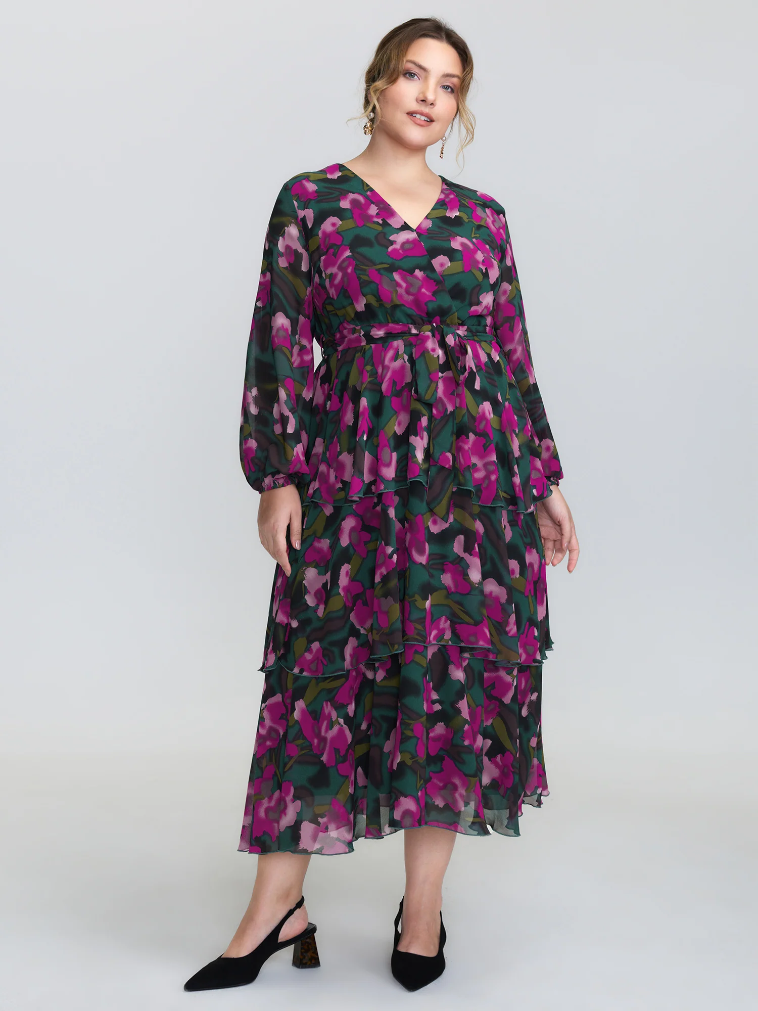 Abstract Floral Print Layered Pockets Midi Dress - Image 3