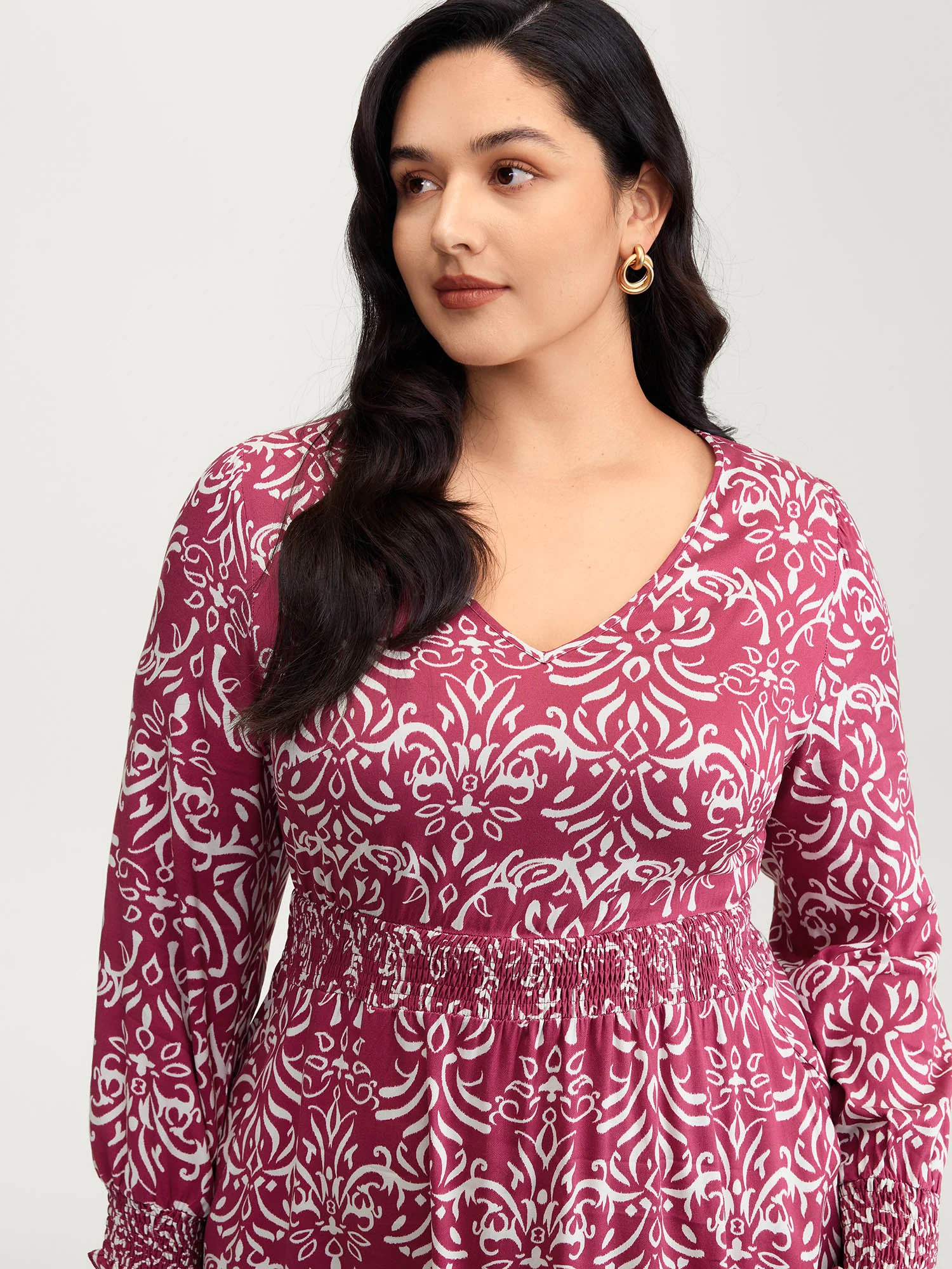 Abstract Pattern Shirred Waist Midi Dress - Image 2