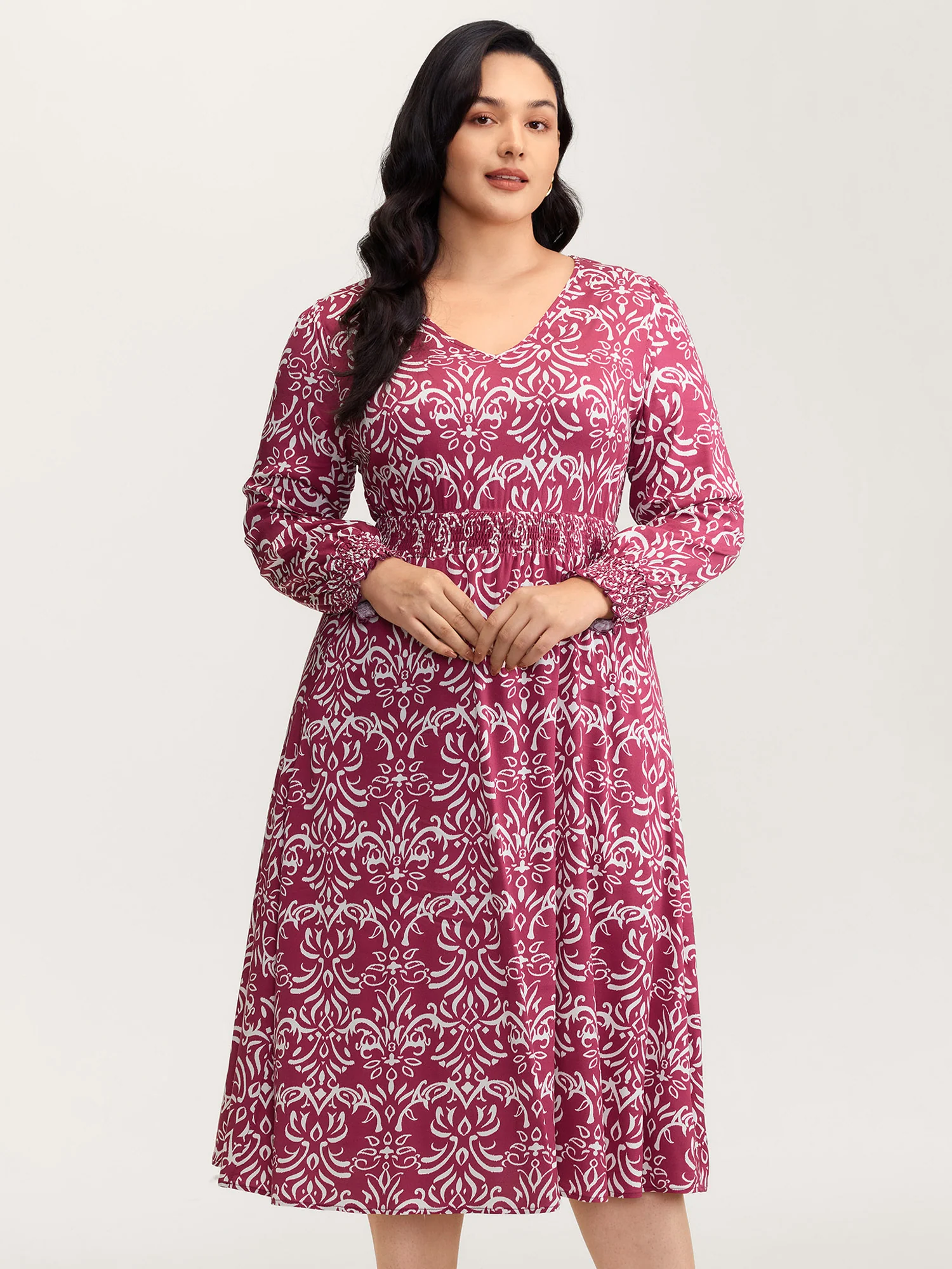 Abstract Pattern Shirred Waist Midi Dress - Image 3