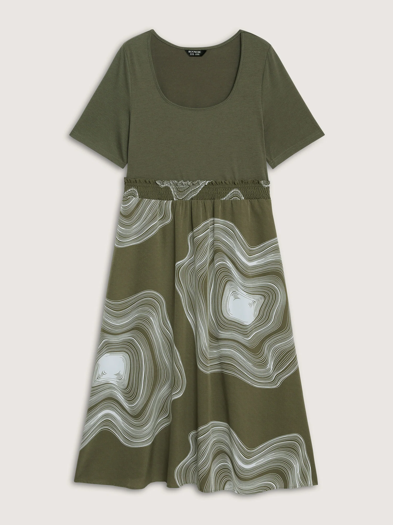 Abstract Print Contrast Shirred Waist Midi Dress - Image 7