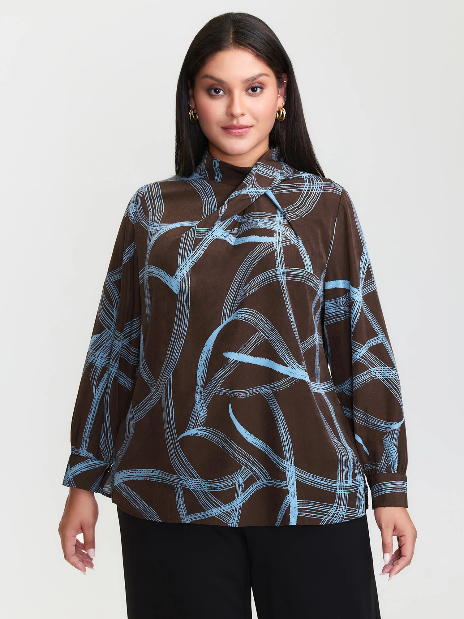 Abstract Print Drape Neckline Blouse - Image 2