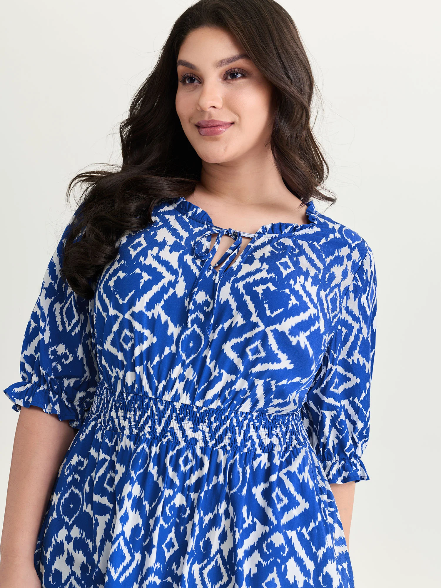 Abstract Print Drawstring Neckline Shirred Mini Dress - Image 2