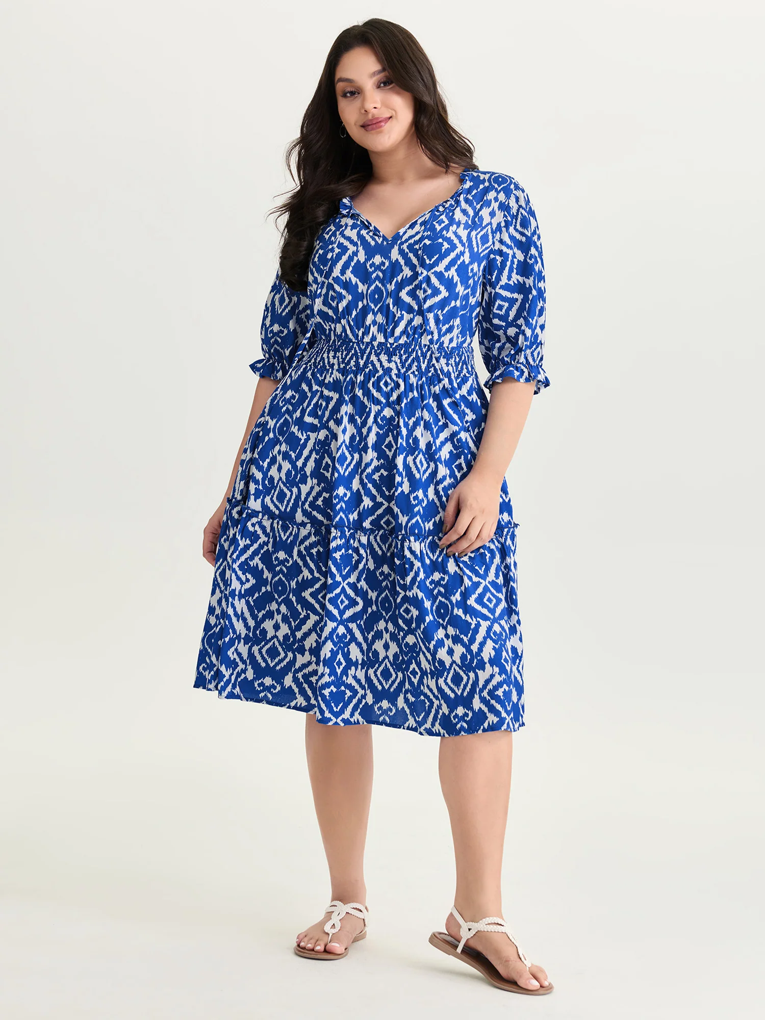Abstract Print Drawstring Neckline Shirred Mini Dress - Image 3