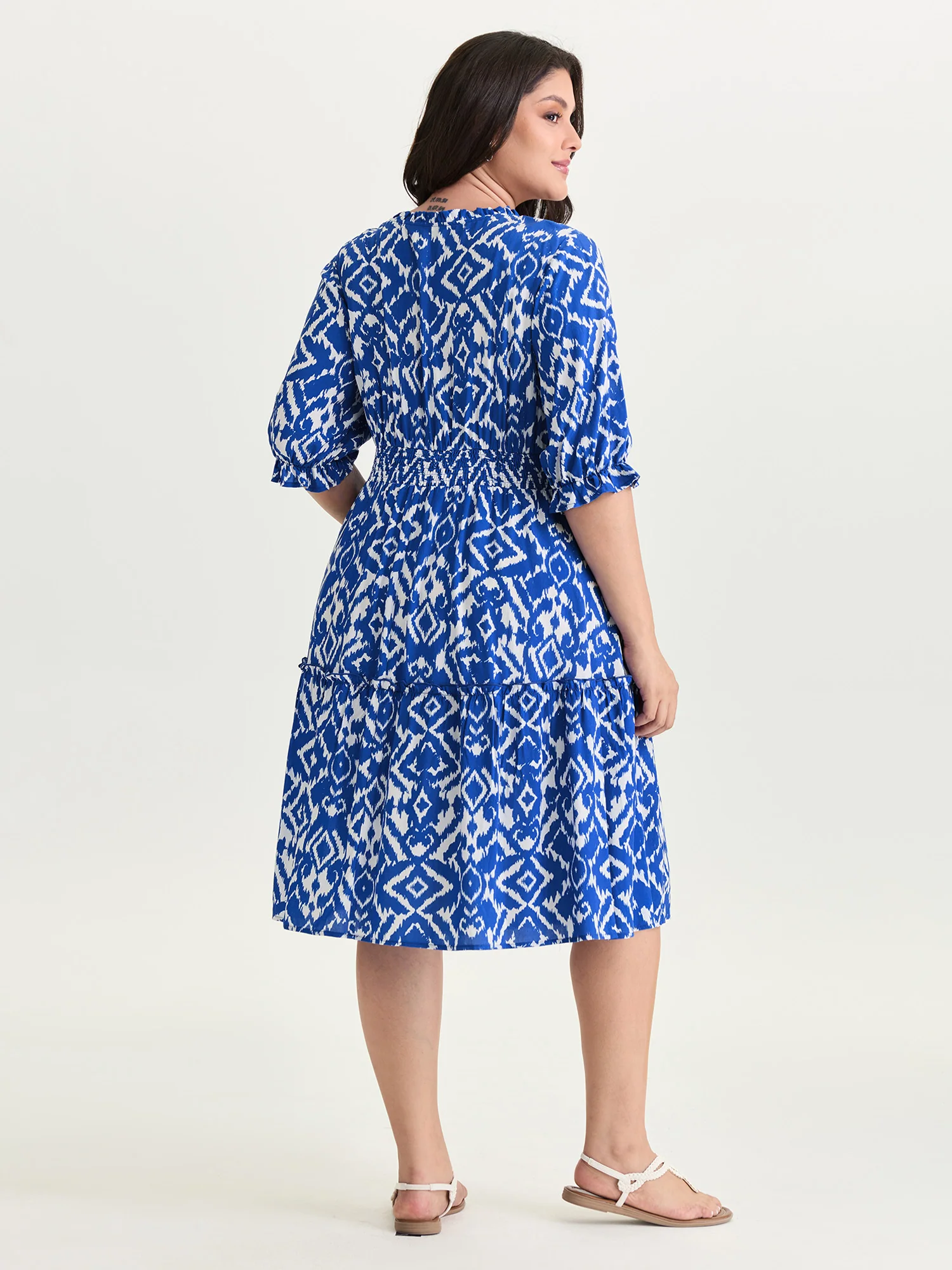 Abstract Print Drawstring Neckline Shirred Mini Dress - Image 4