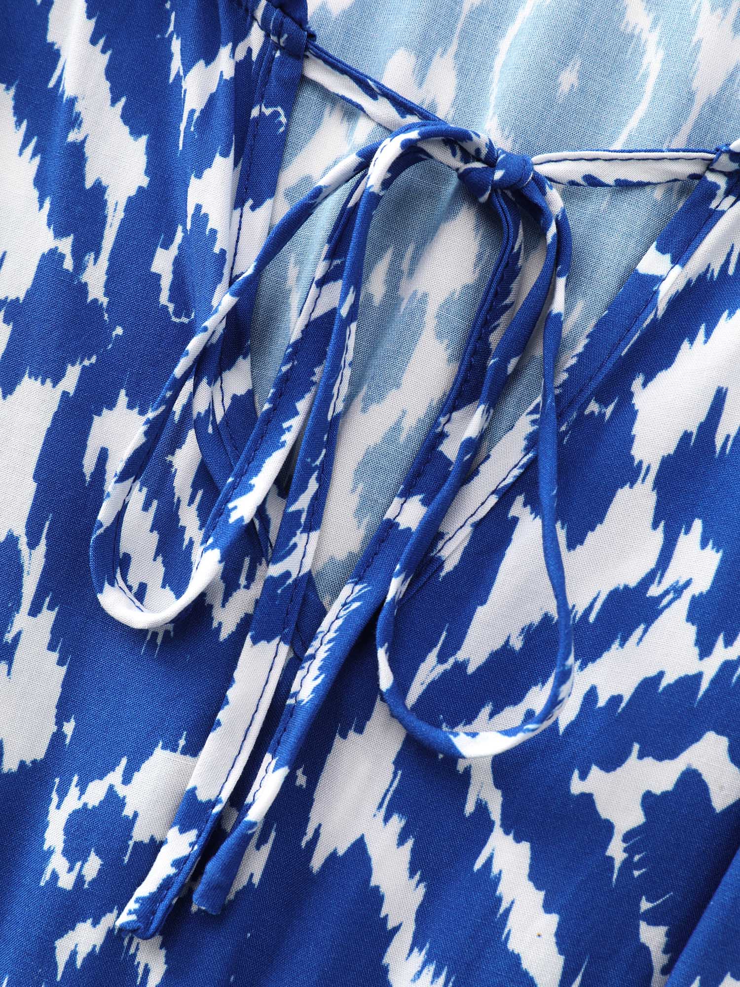Abstract Print Drawstring Neckline Shirred Mini Dress - Image 5