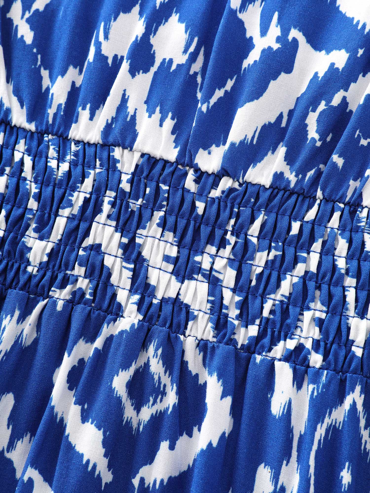 Abstract Print Drawstring Neckline Shirred Mini Dress - Image 6
