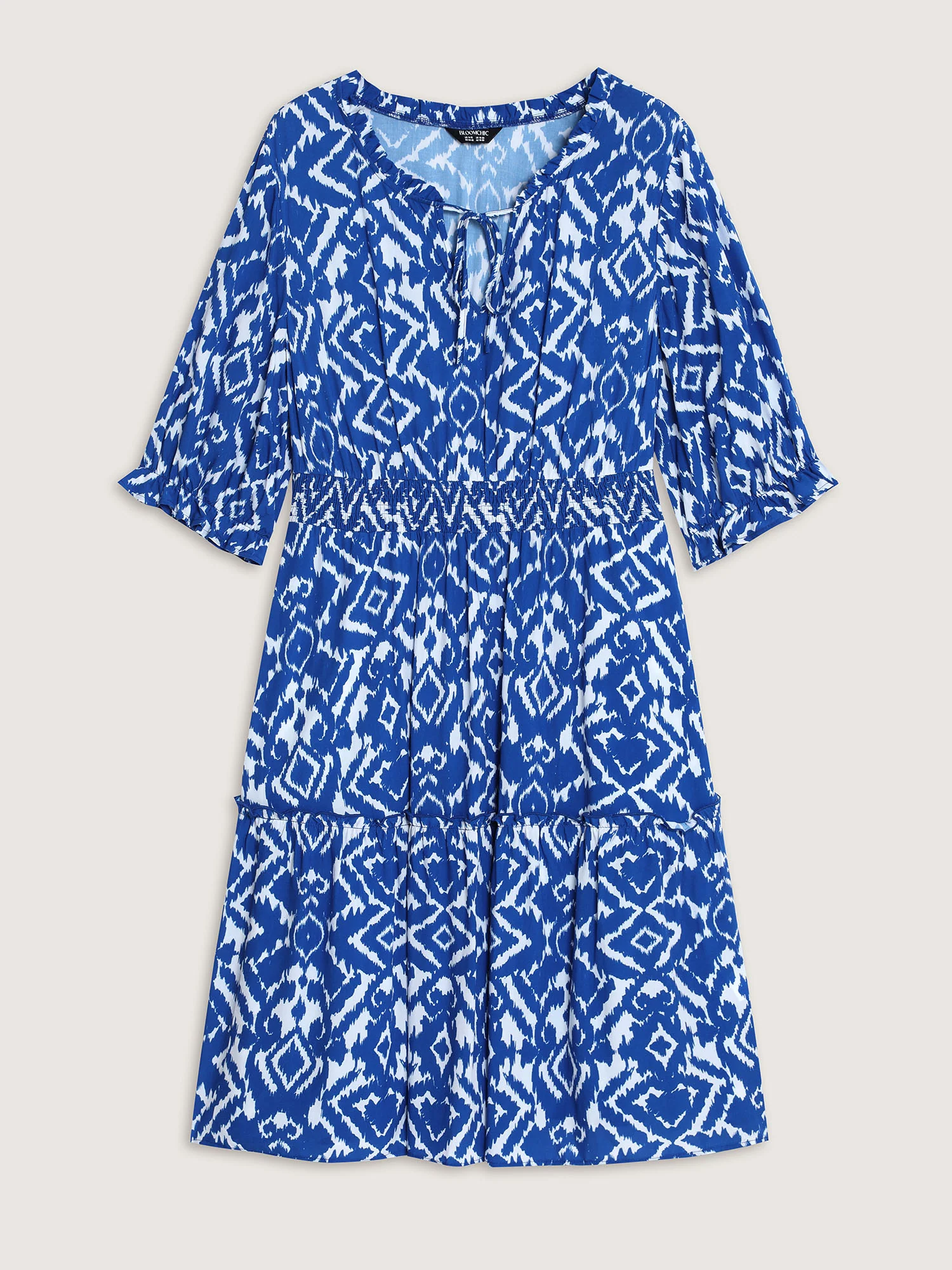 Abstract Print Drawstring Neckline Shirred Mini Dress - Image 7