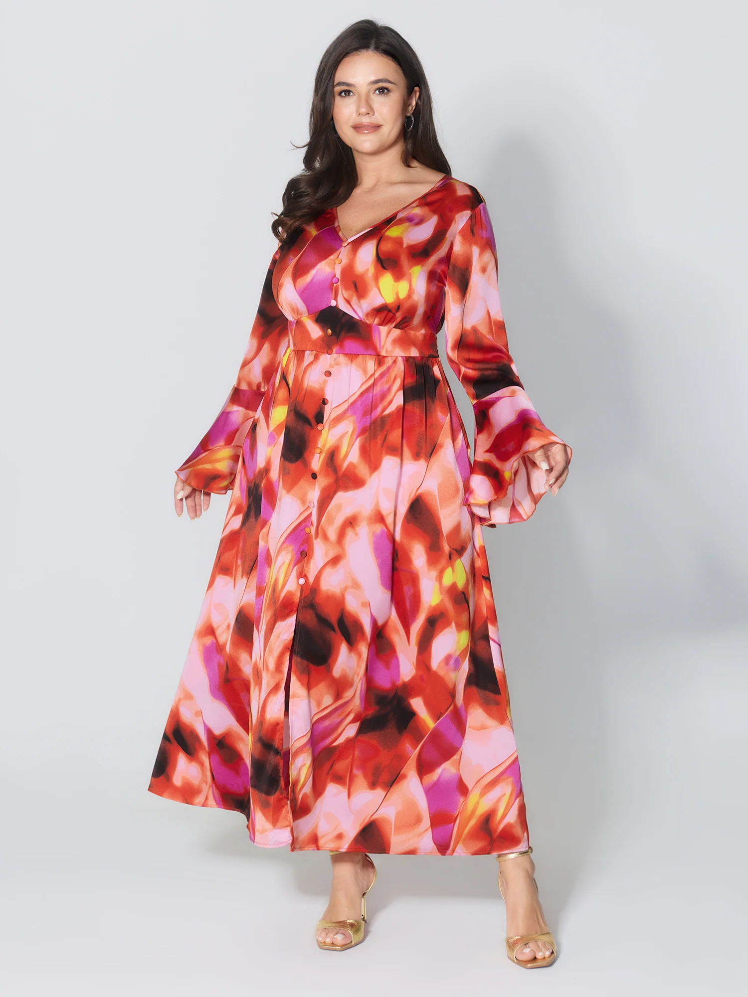 Abstract Print Flared Sleeve Maxi Dress - Image 2