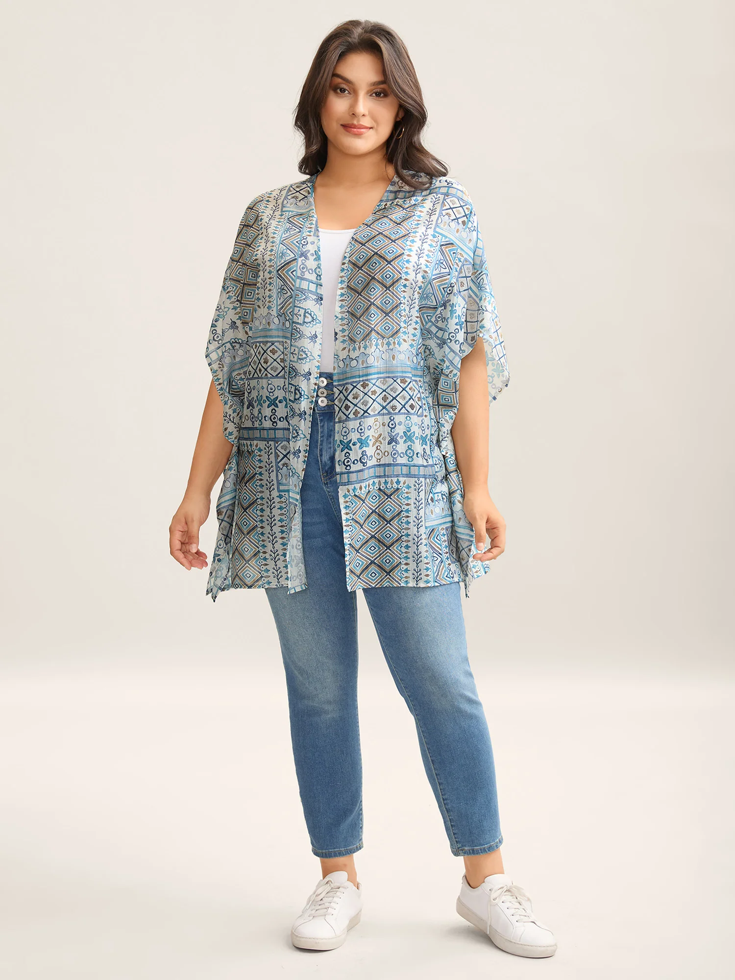 Abstract Print Flowy Sleeve Kimono - Image 3
