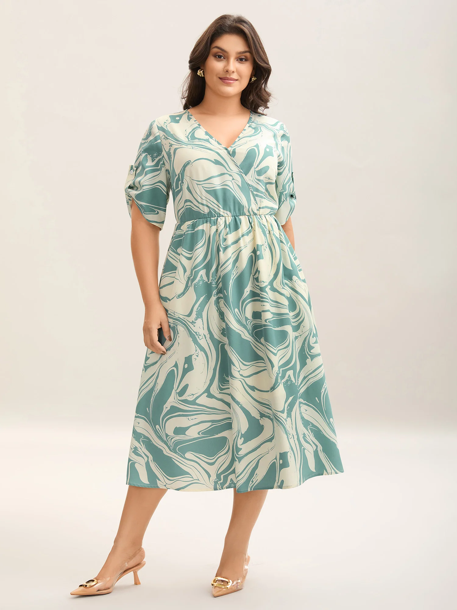 Abstract Print Gathered Sleeve Midi Dress - Image 3