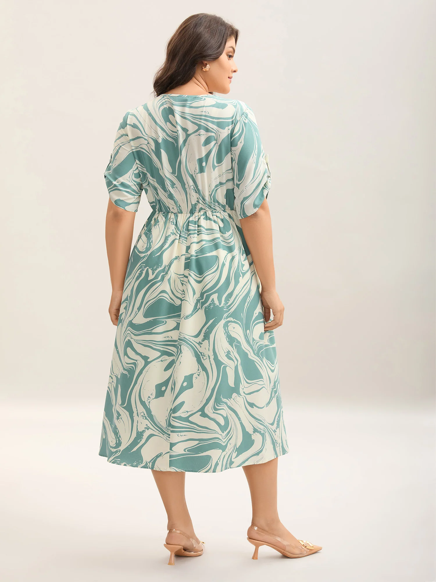 Abstract Print Gathered Sleeve Midi Dress - Image 4
