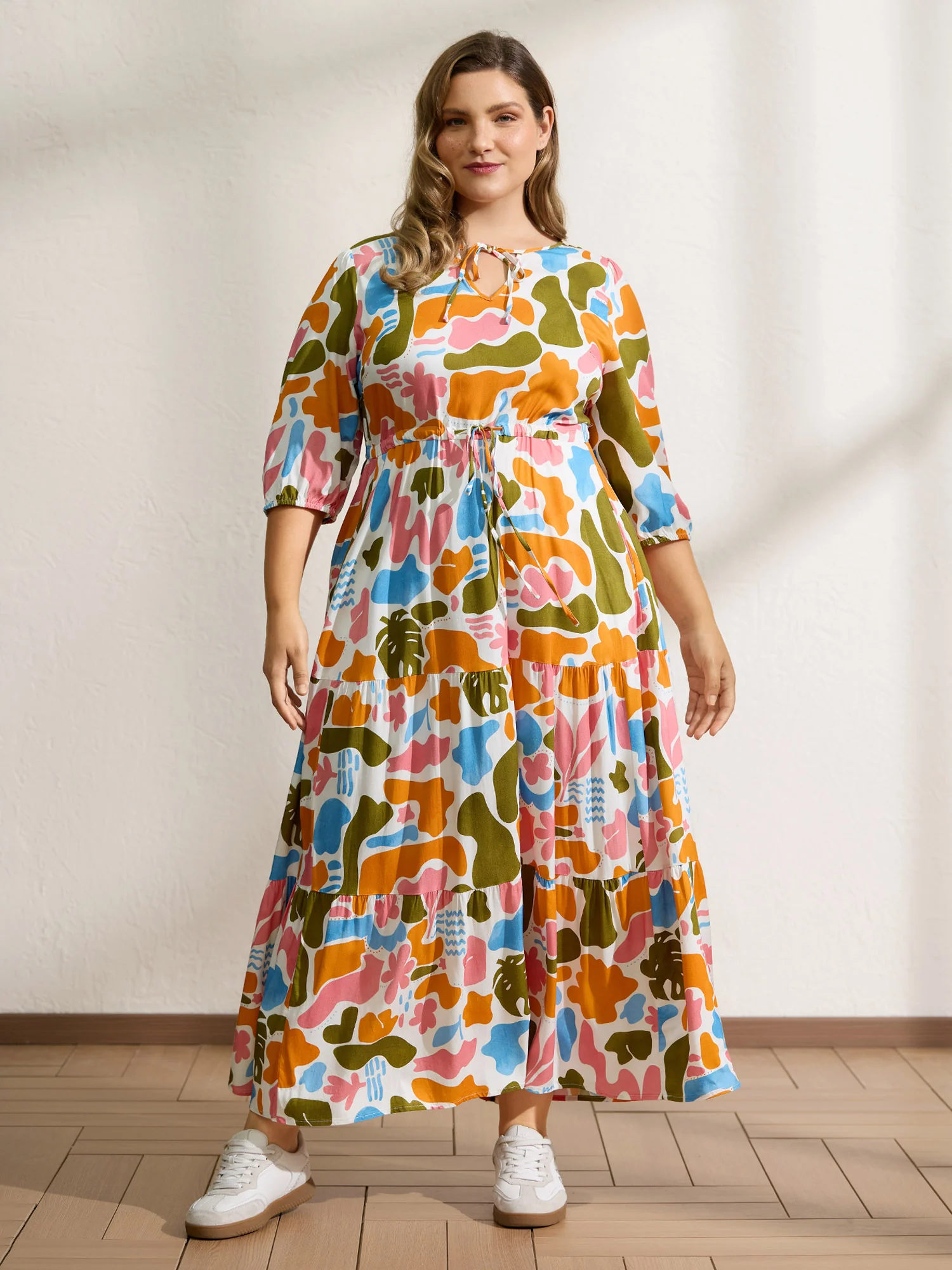 Abstract Print Neck-Tie Pockets Maxi Dress - Image 3