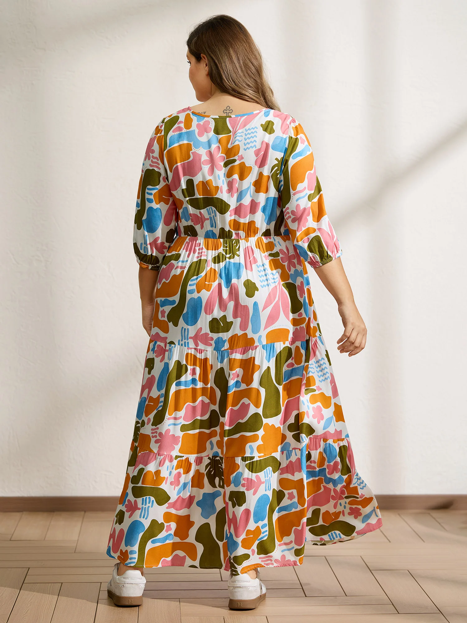 Abstract Print Neck-Tie Pockets Maxi Dress - Image 4