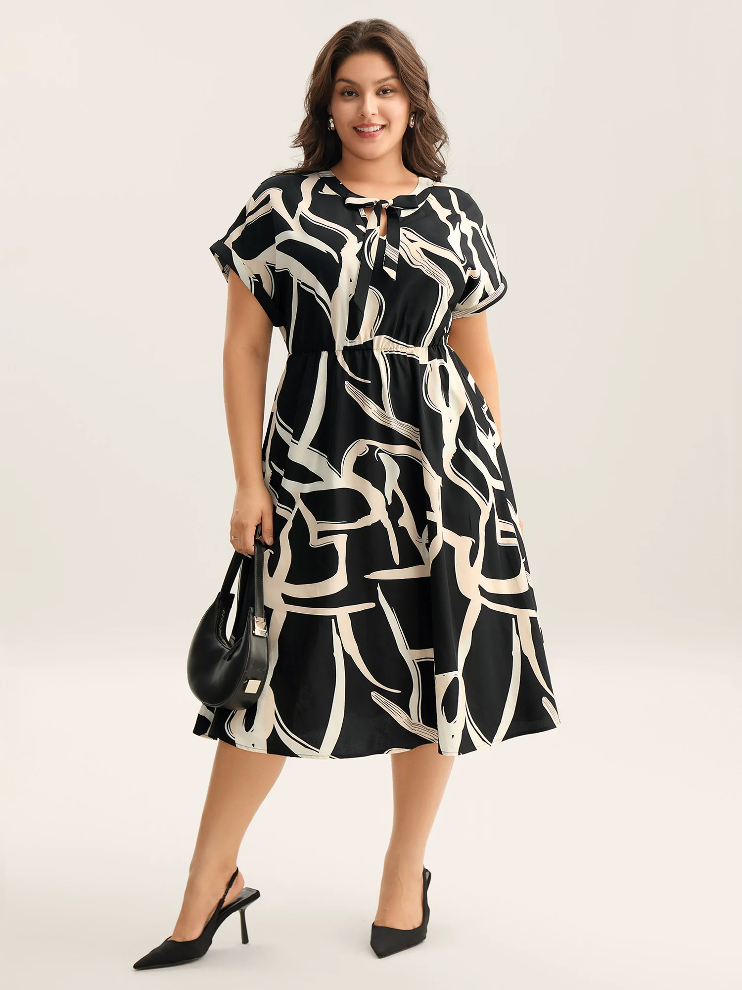Abstract Print Ribbon Collar Midi Dress - Image 2