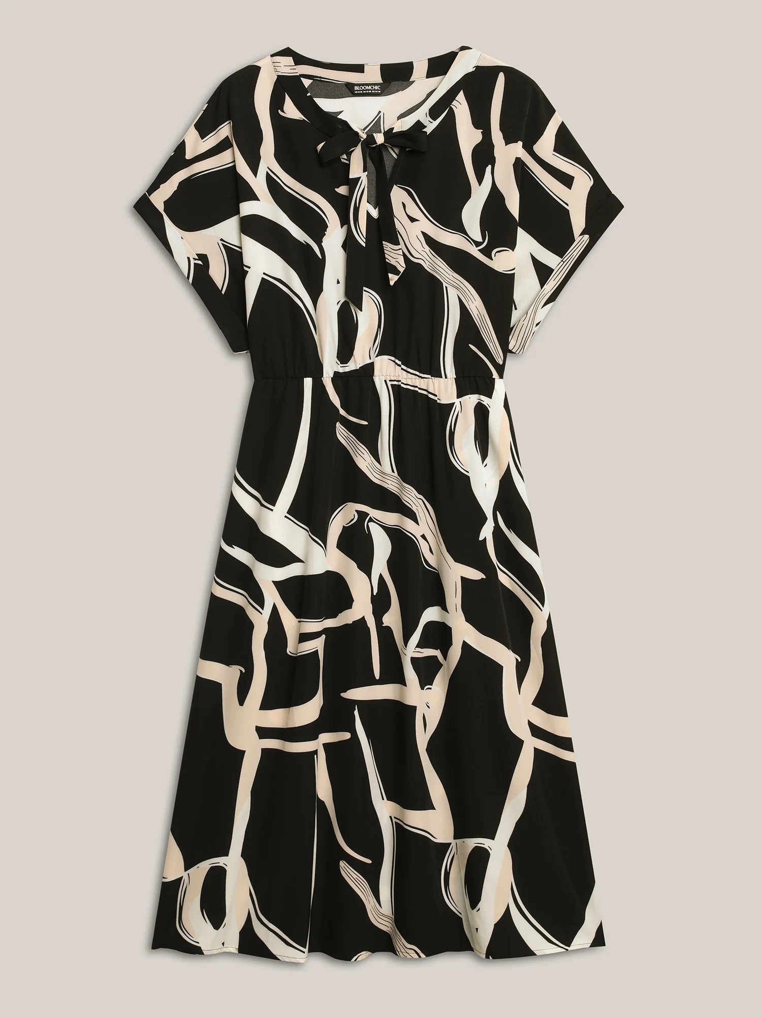 Abstract Print Ribbon Collar Midi Dress - Image 6