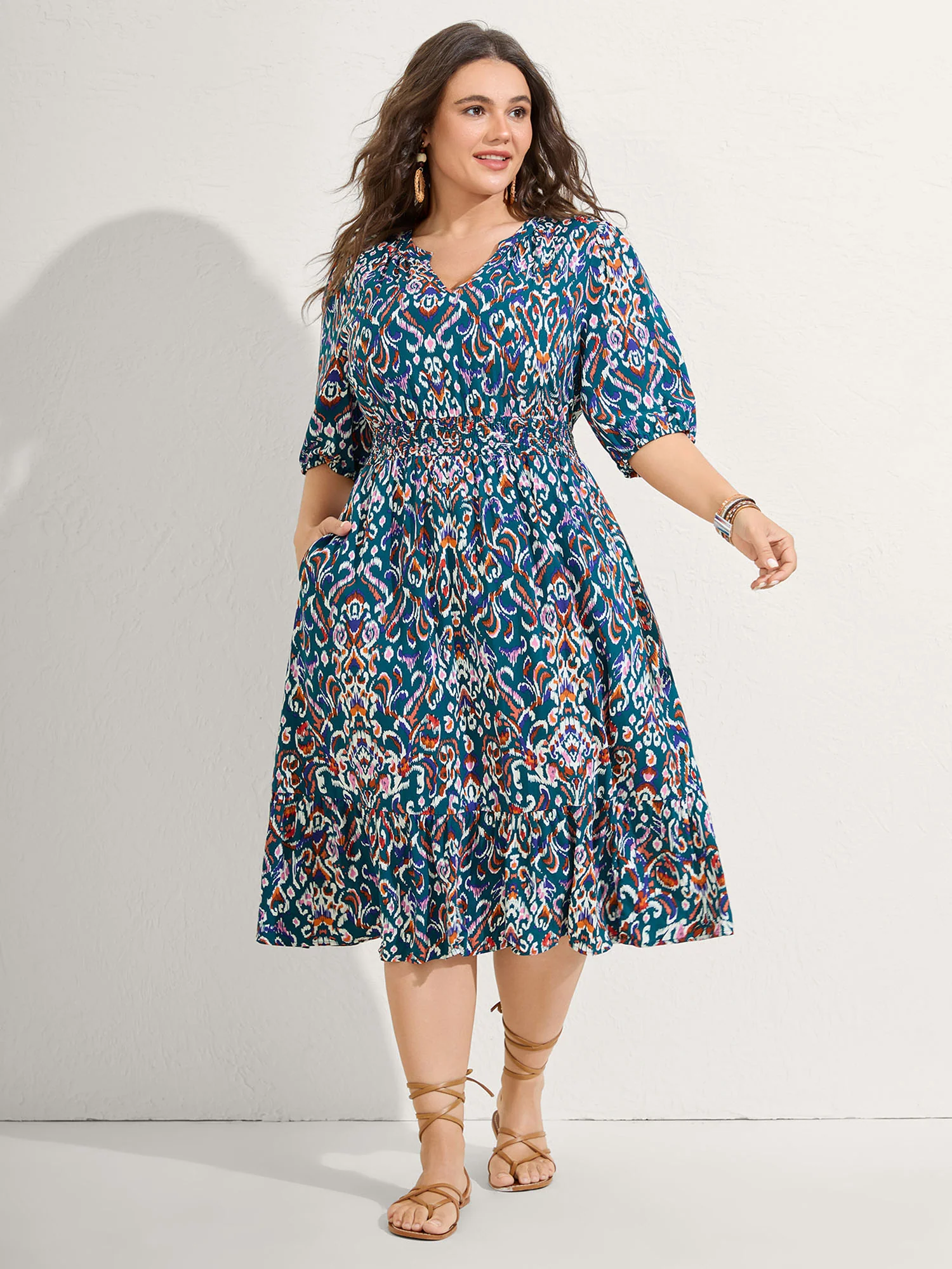 Abstract Print Shirred Waist Midi Dress - Image 3