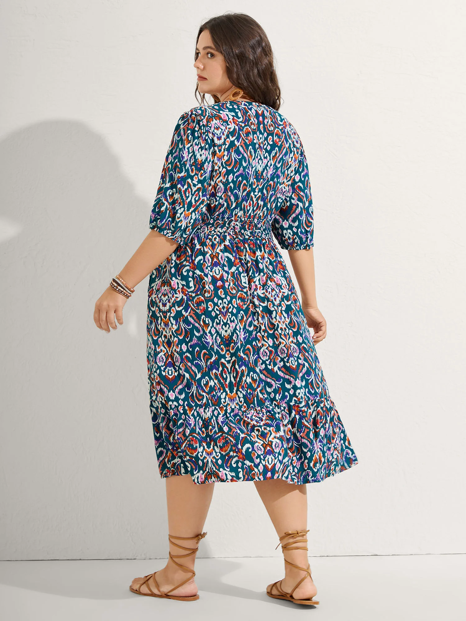 Abstract Print Shirred Waist Midi Dress - Image 5
