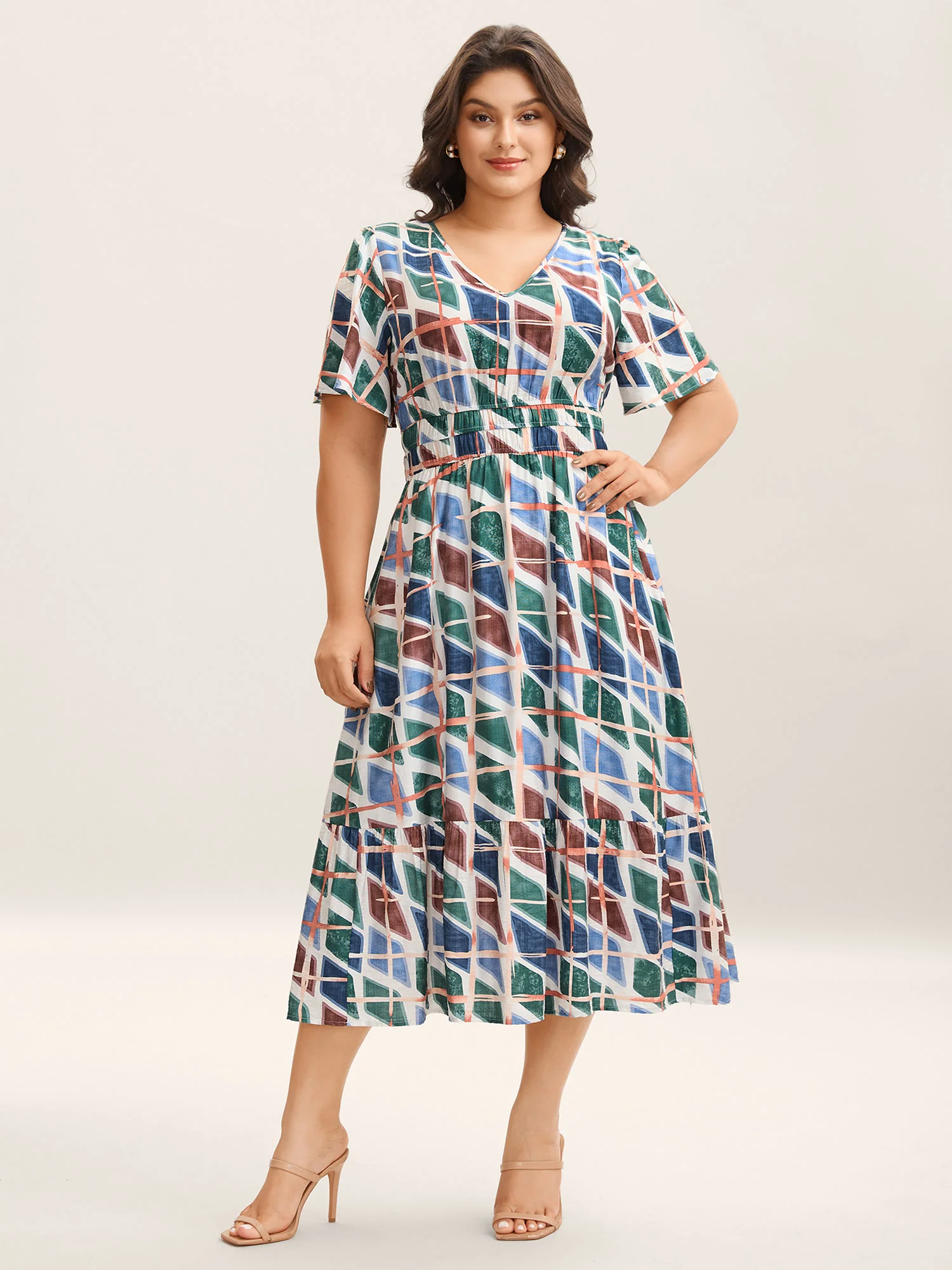 Abstract Print Stretchy Waist Midi Dress - Image 3