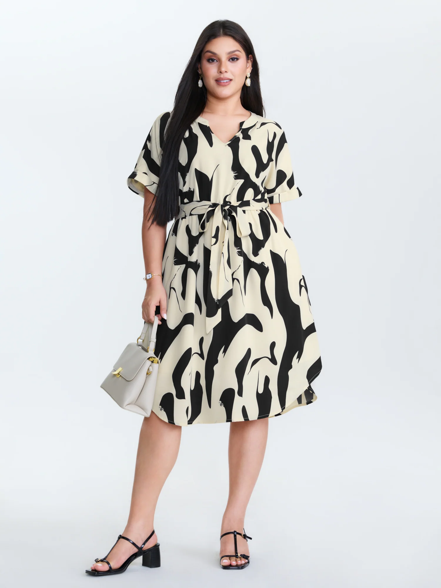 Abstract Print Waist-Tie Midi Dress - Image 3