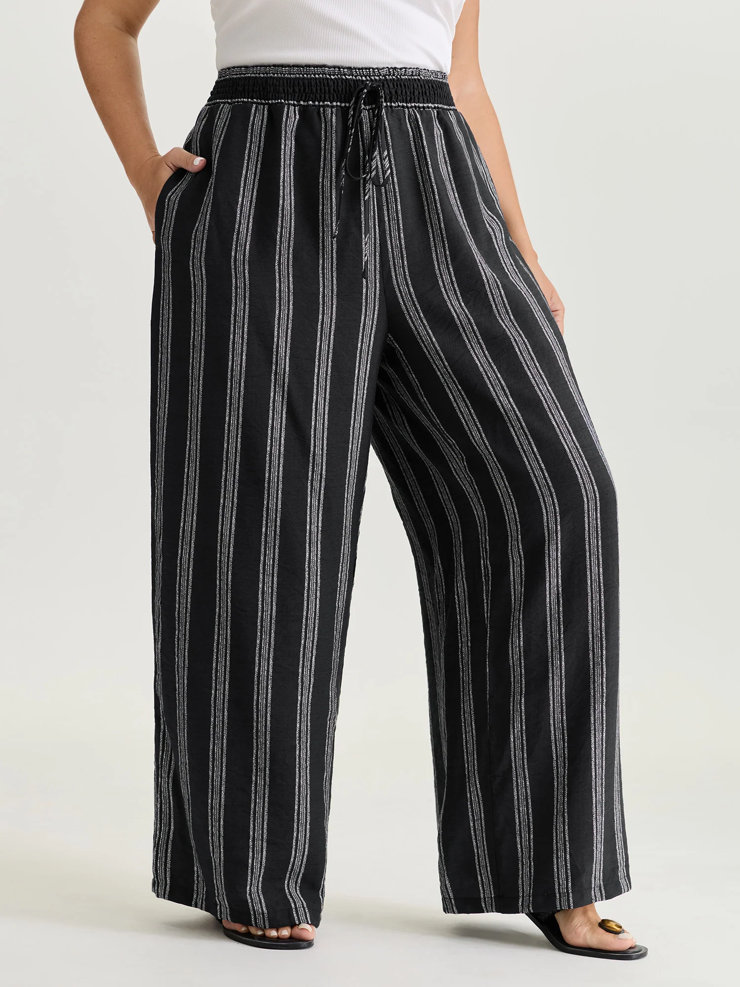 Abstract Striped Drawstring Shirred Waist Pants - Image 2
