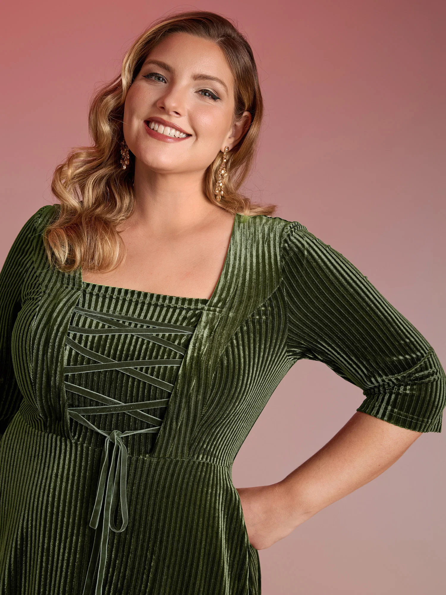 Adjustable Cross-Tie Velvet Stretchy Waist Midi Dress - Image 2