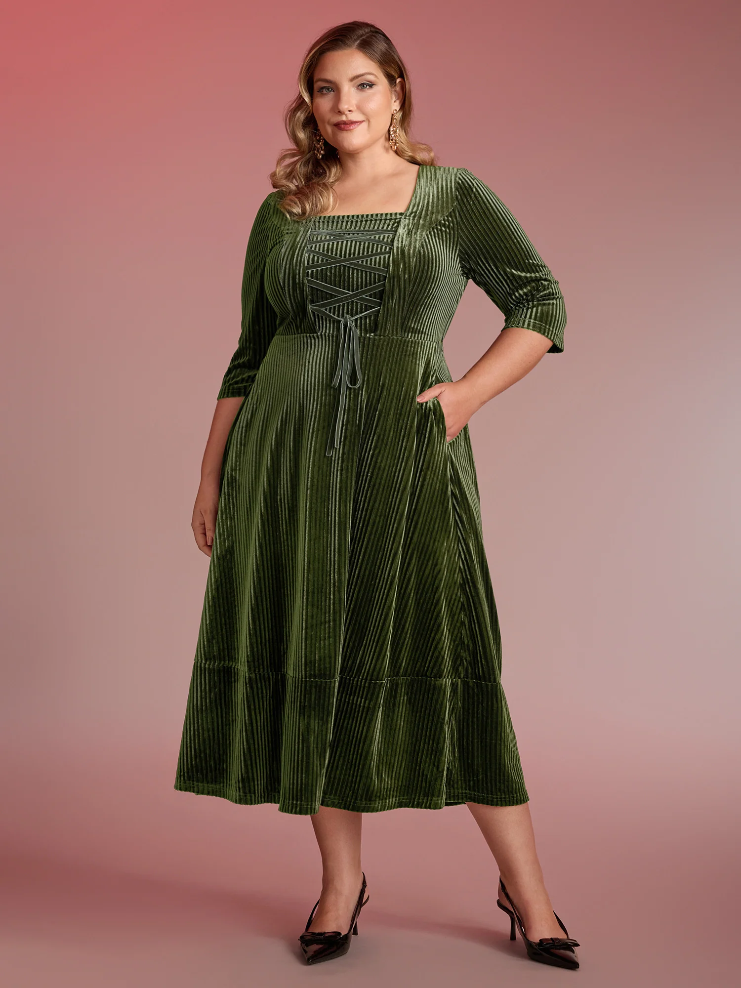 Adjustable Cross-Tie Velvet Stretchy Waist Midi Dress - Image 3