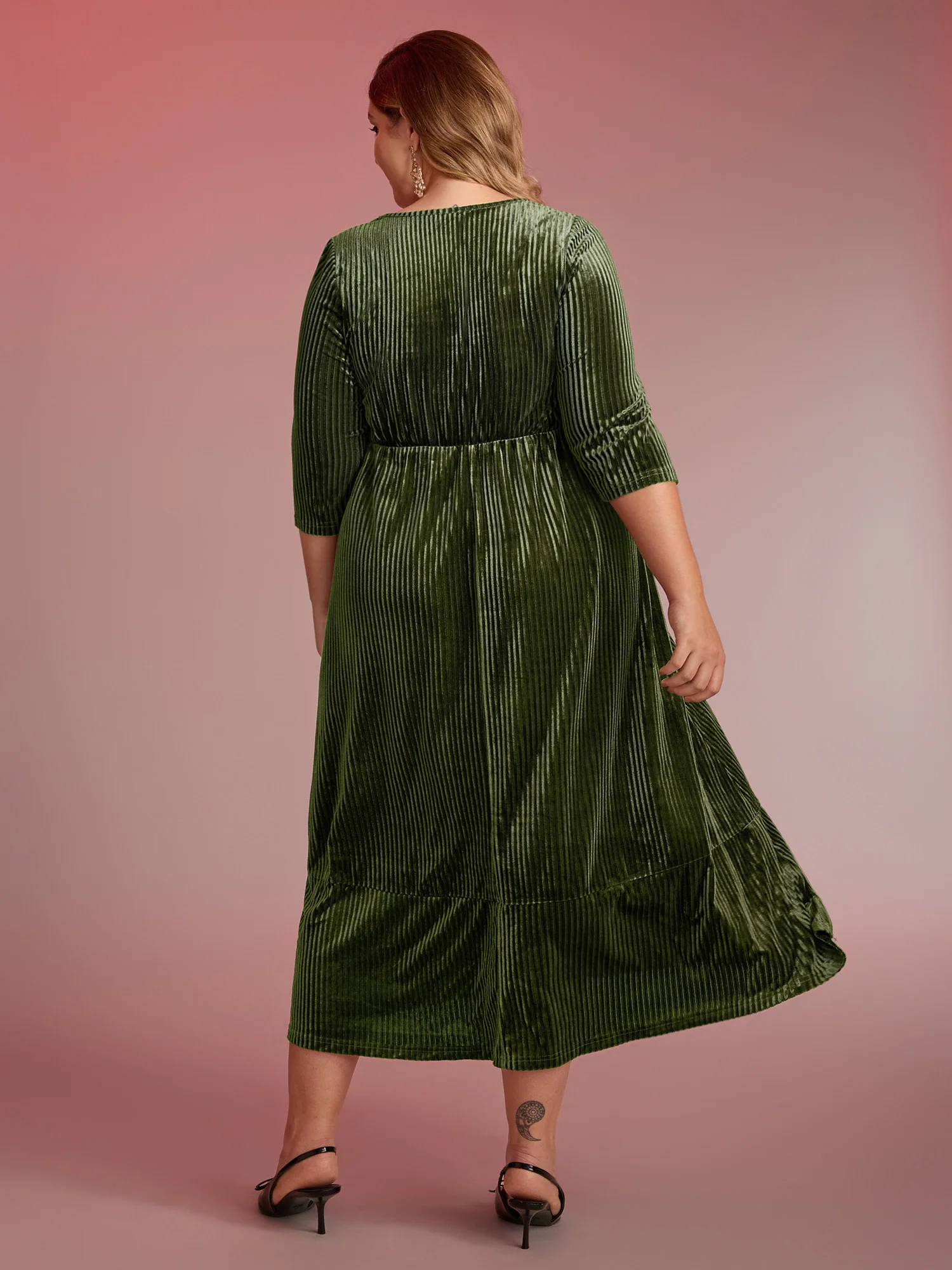Adjustable Cross-Tie Velvet Stretchy Waist Midi Dress - Image 4
