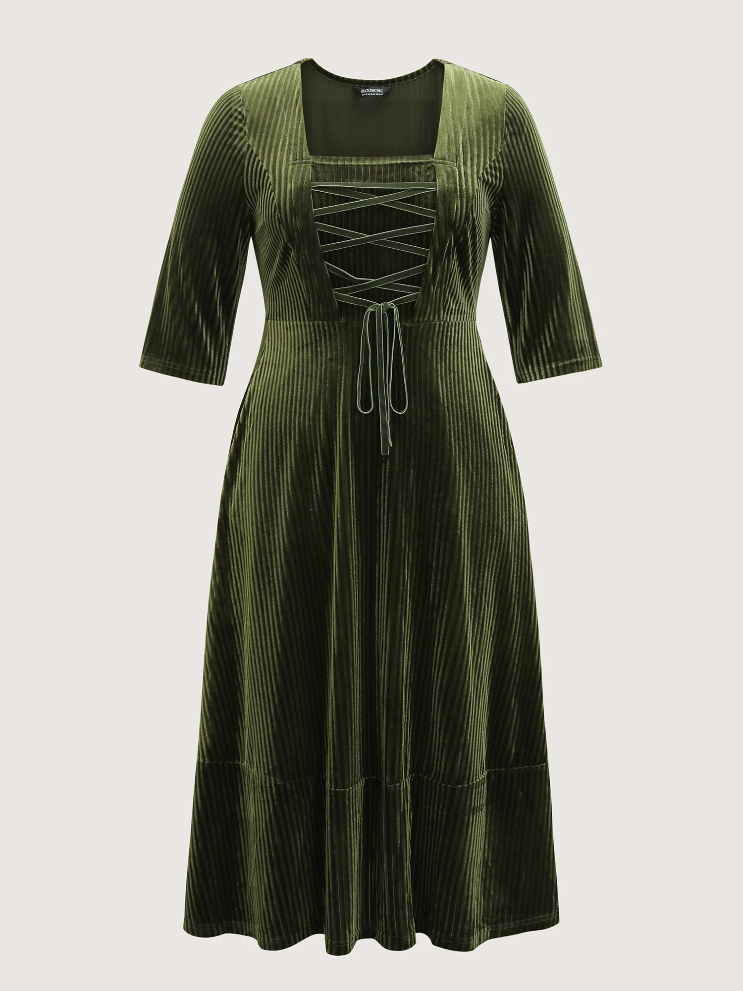 Adjustable Cross-Tie Velvet Stretchy Waist Midi Dress - Image 6