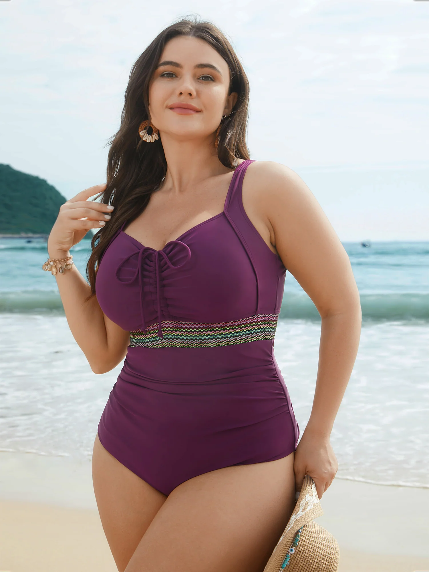 Adjustable Drawstring Ruched Contrast Webbing One-Piece Swimsuit - Image 3