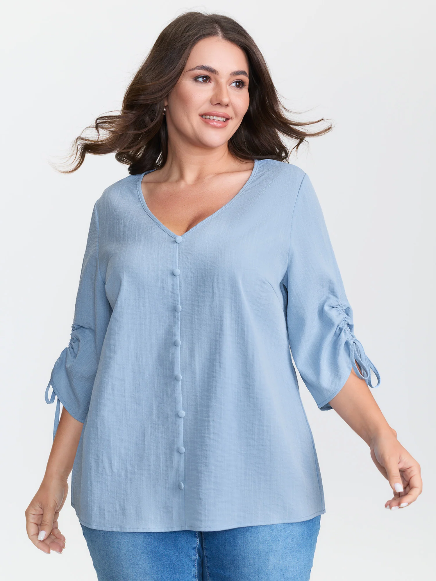 Adjustable Gathered Sleeve Button Blouse - Image 2