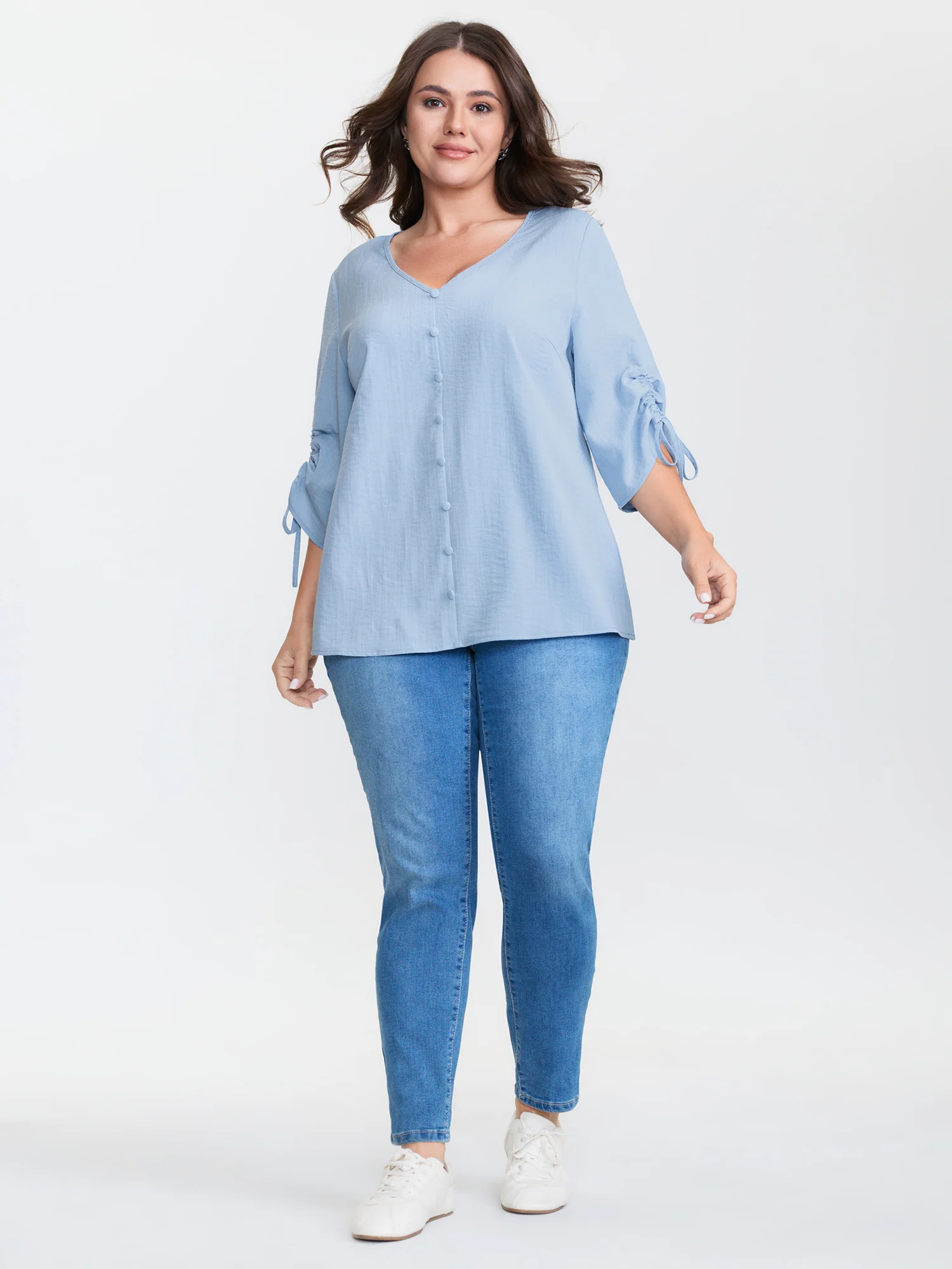 Adjustable Gathered Sleeve Button Blouse - Image 3