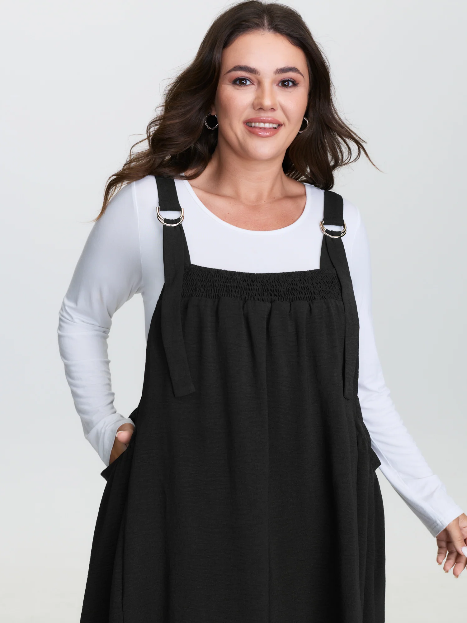 Adjustable Overall Straps Shirred Midi Dress - Image 2