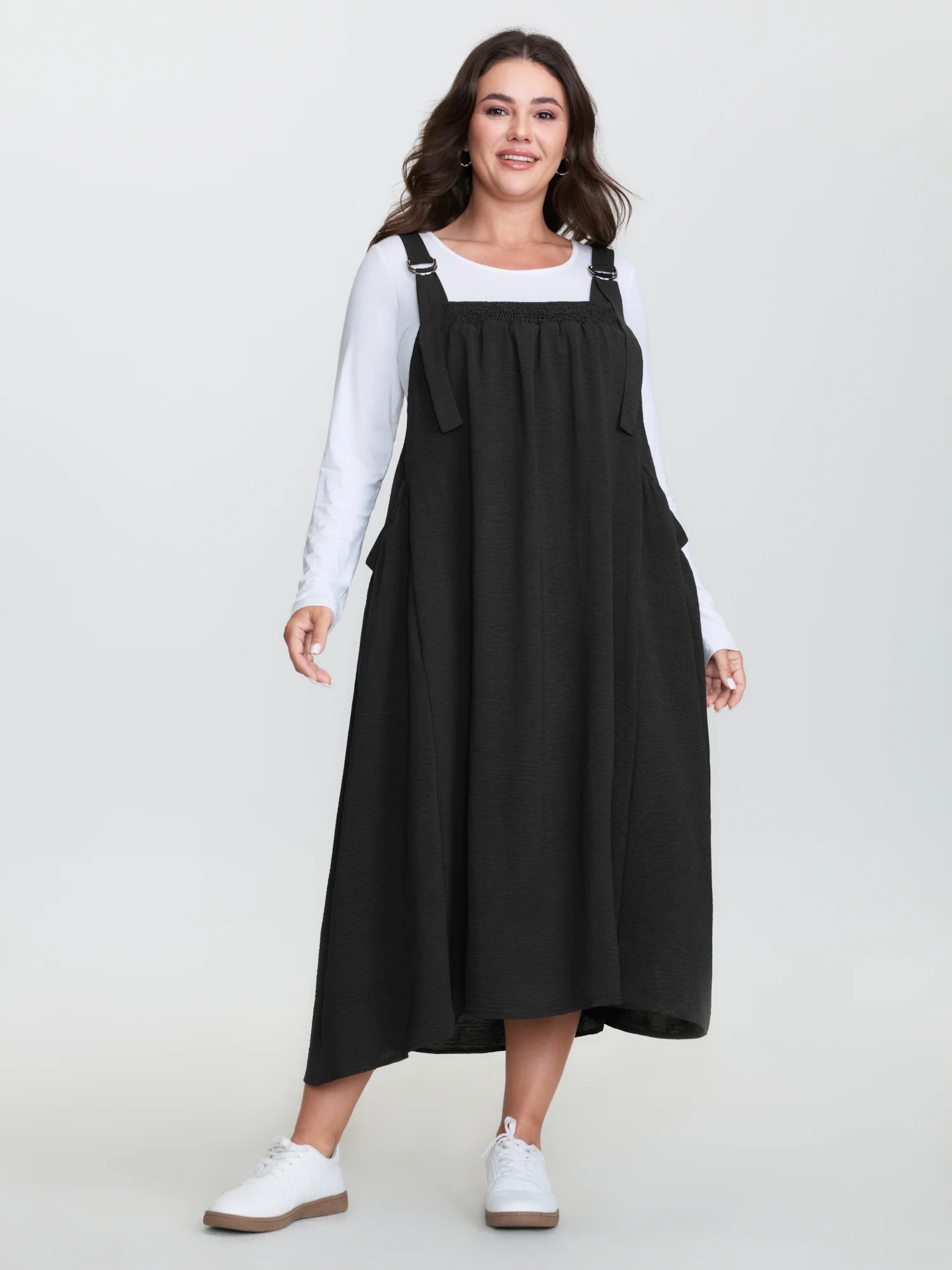 Adjustable Overall Straps Shirred Midi Dress - Image 3