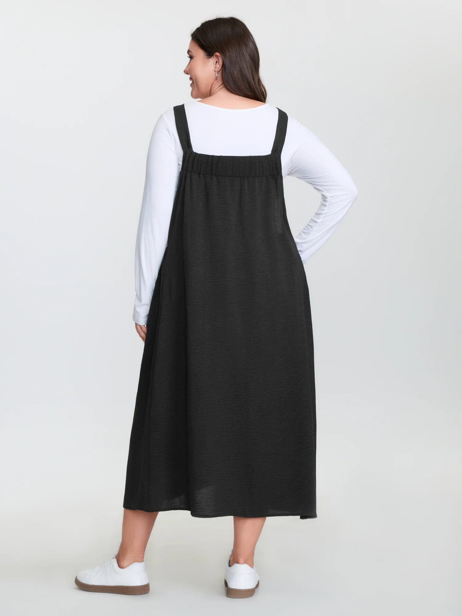 Adjustable Overall Straps Shirred Midi Dress - Image 5