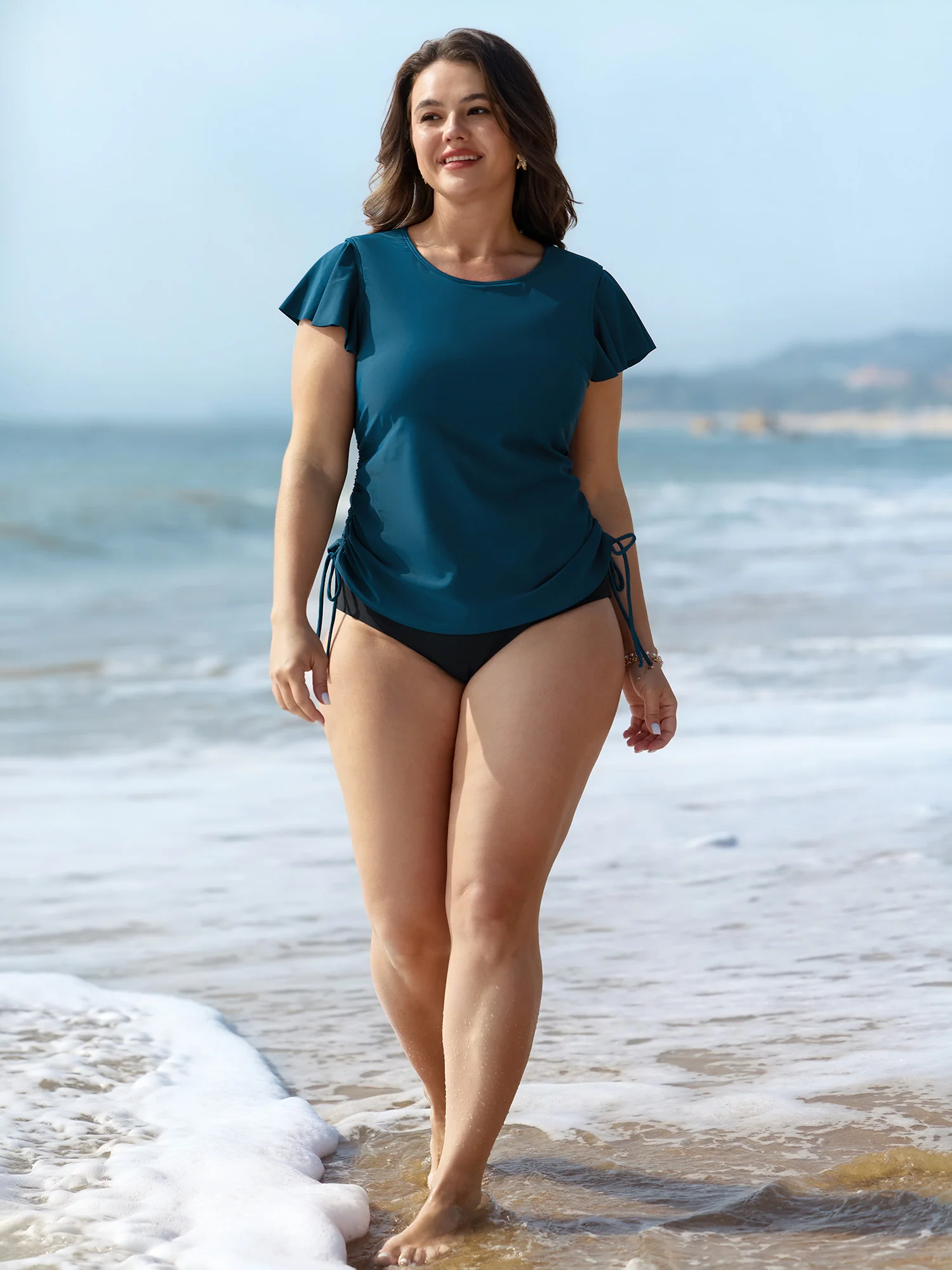 Adjustable Side Drawstring Flutter Sleeve Swim Top - Image 3