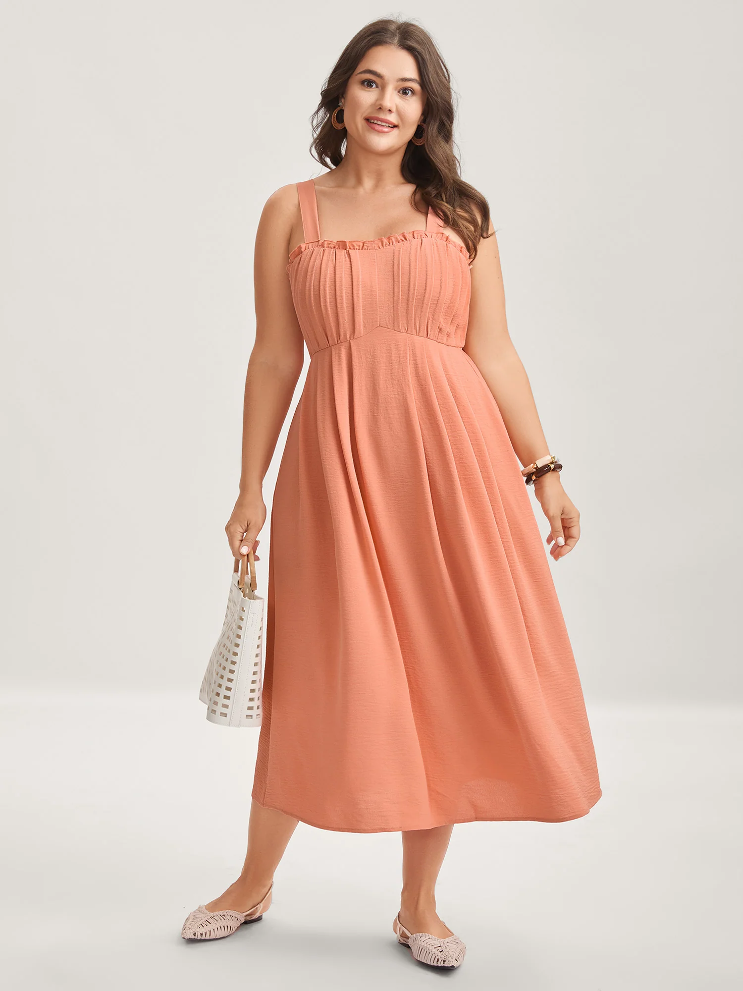 Adjustable Straps Pleated Pockets Midi Dress - Image 3