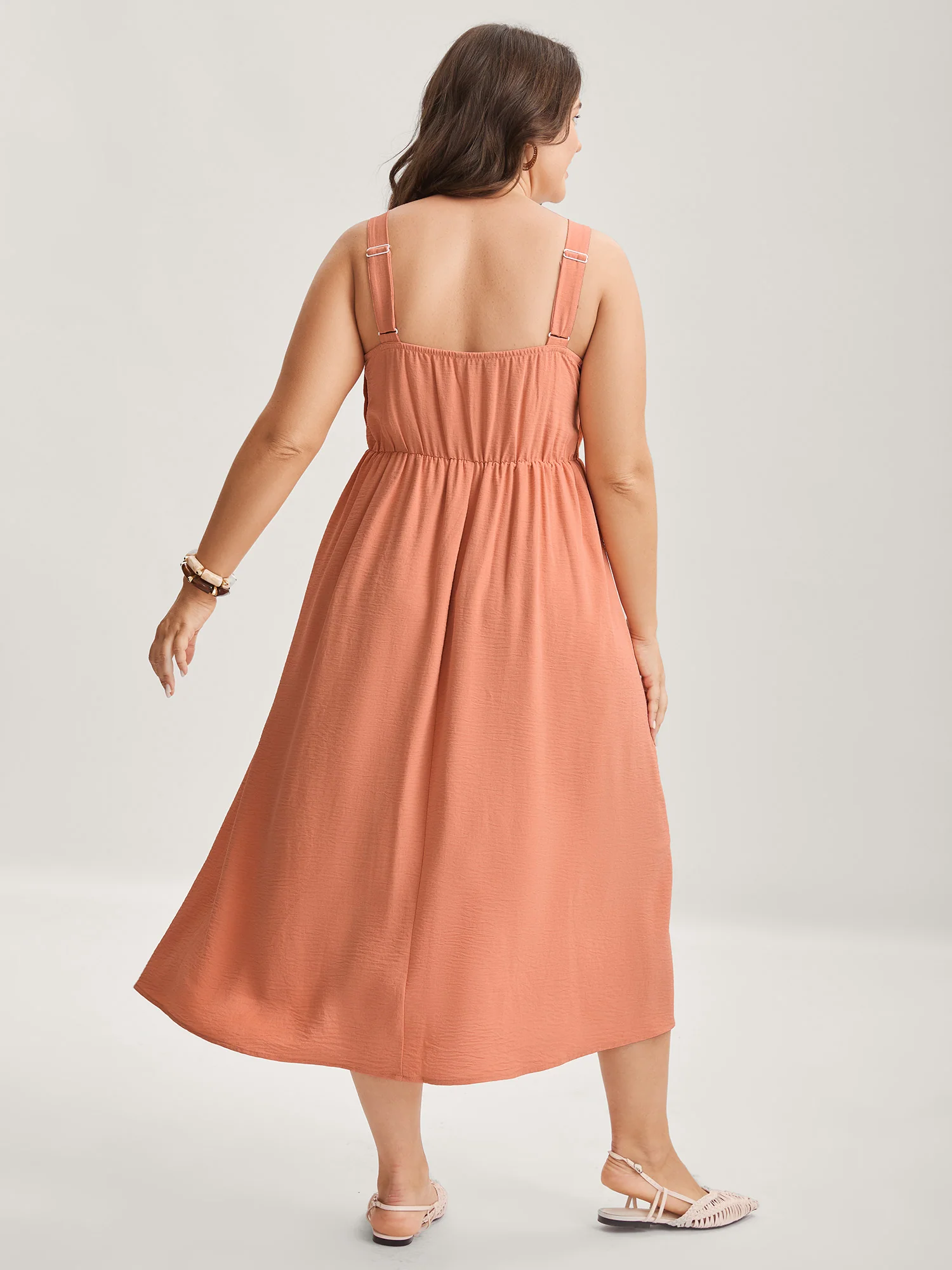 Adjustable Straps Pleated Pockets Midi Dress - Image 5