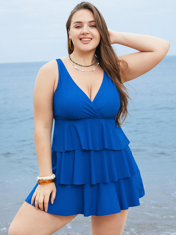 Adjustable Straps Wrap Sculpt Waist Ruffle Tiered Swim Dress - Image 4
