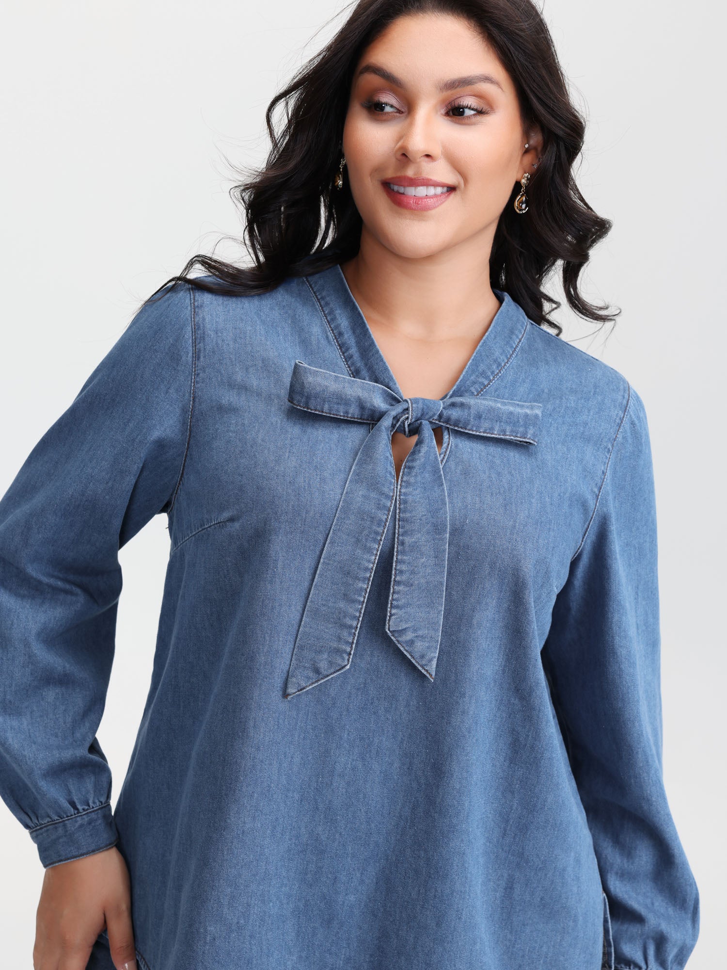 Adjustable Tie Collar Denim Top - Image 2