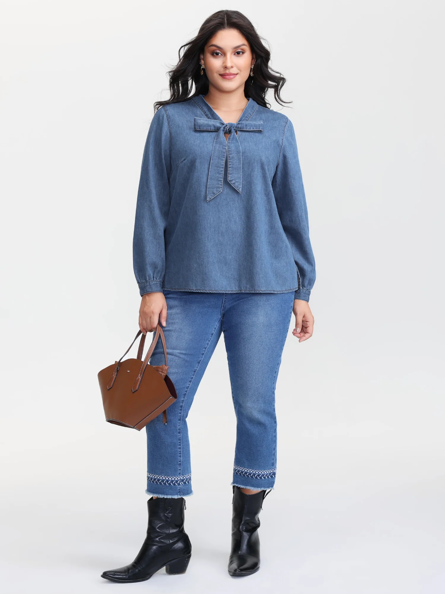 Adjustable Tie Collar Denim Top - Image 3
