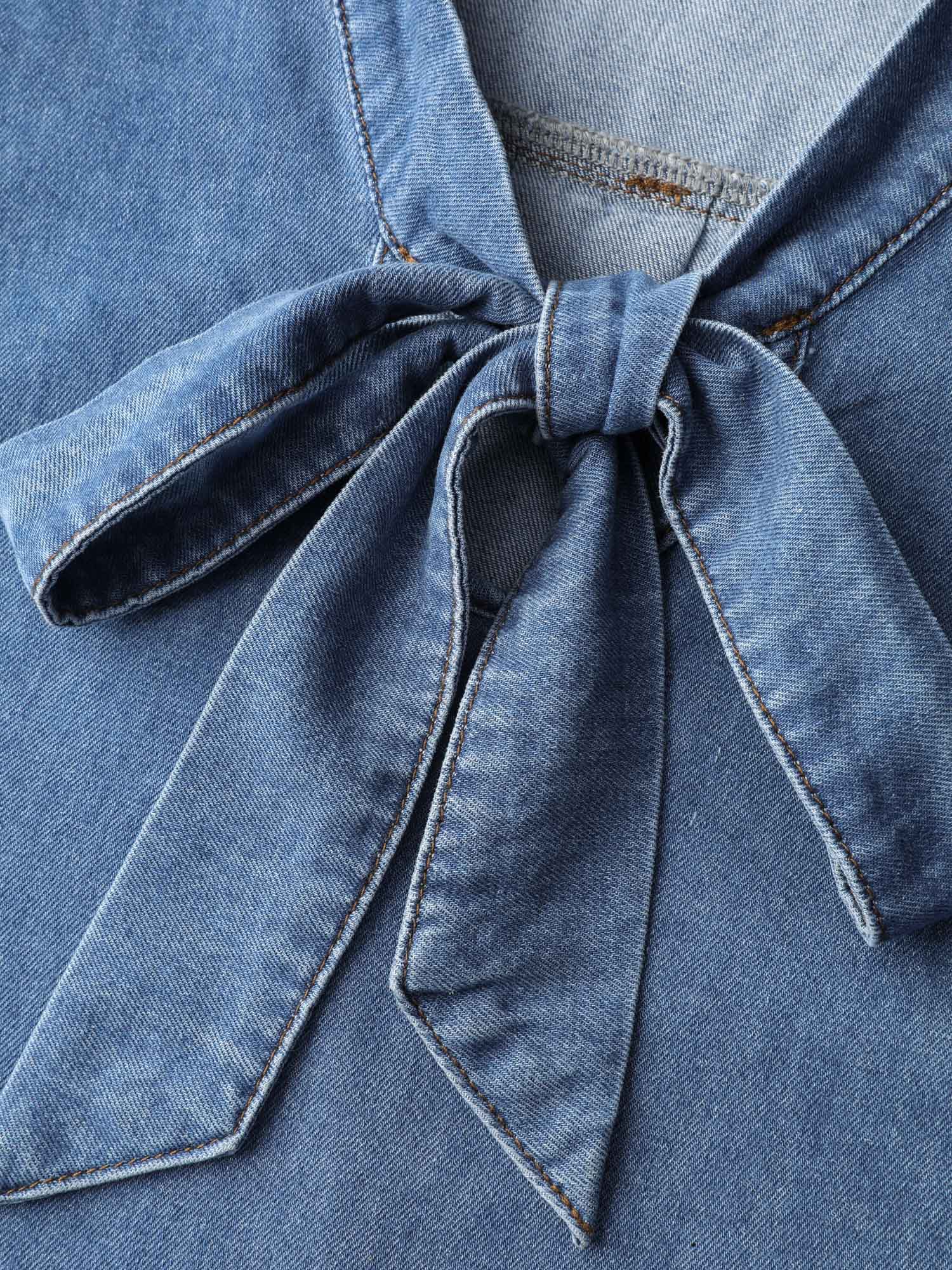 Adjustable Tie Collar Denim Top - Image 6