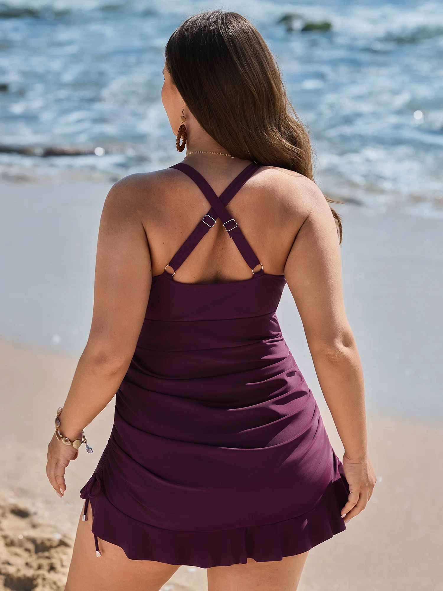 Adjustable Tie Ruffled Channel Drawstring Swim Dress - Image 6