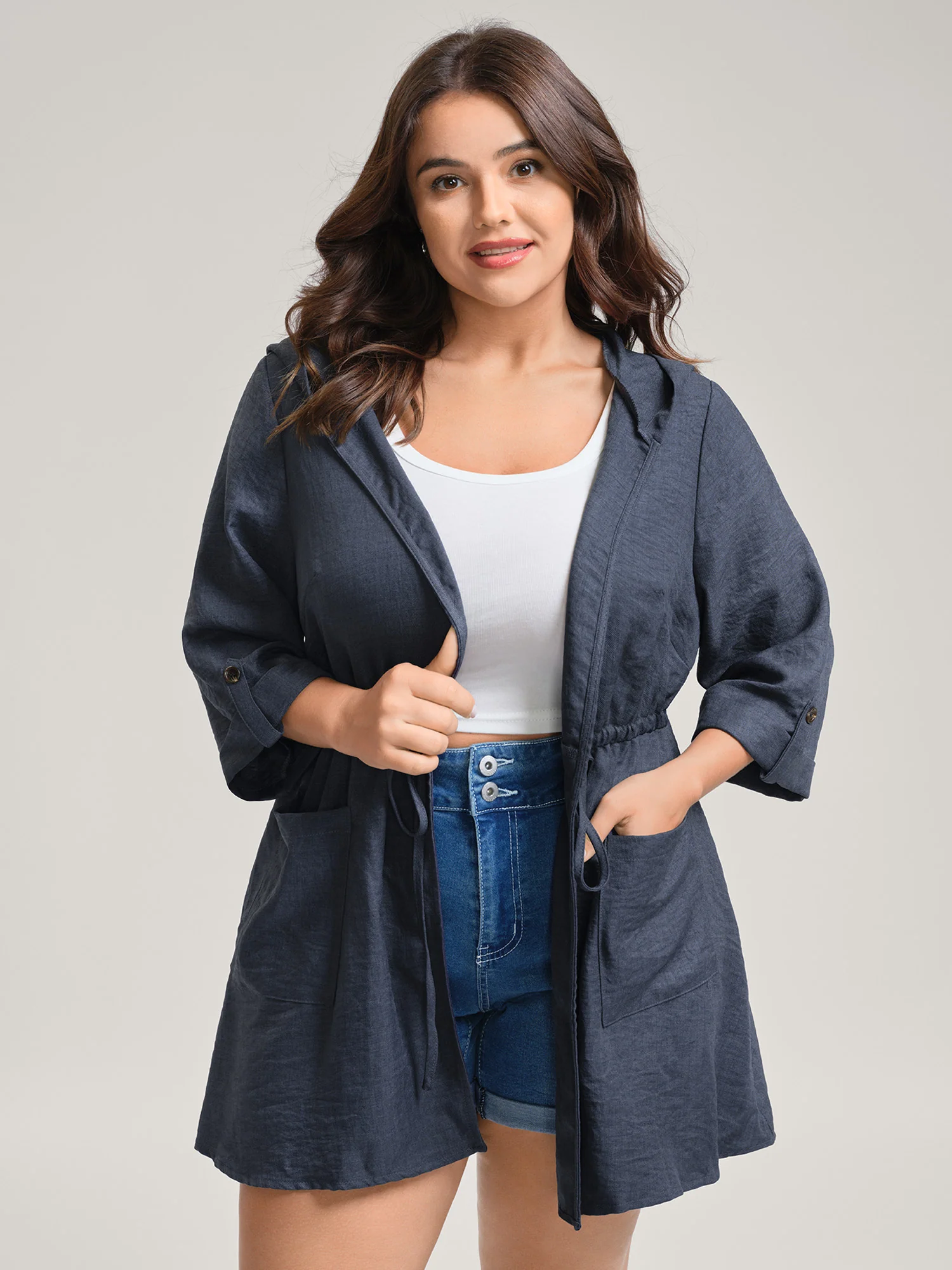 Adjustable Waist-Tie Pockets Hooded Jacket