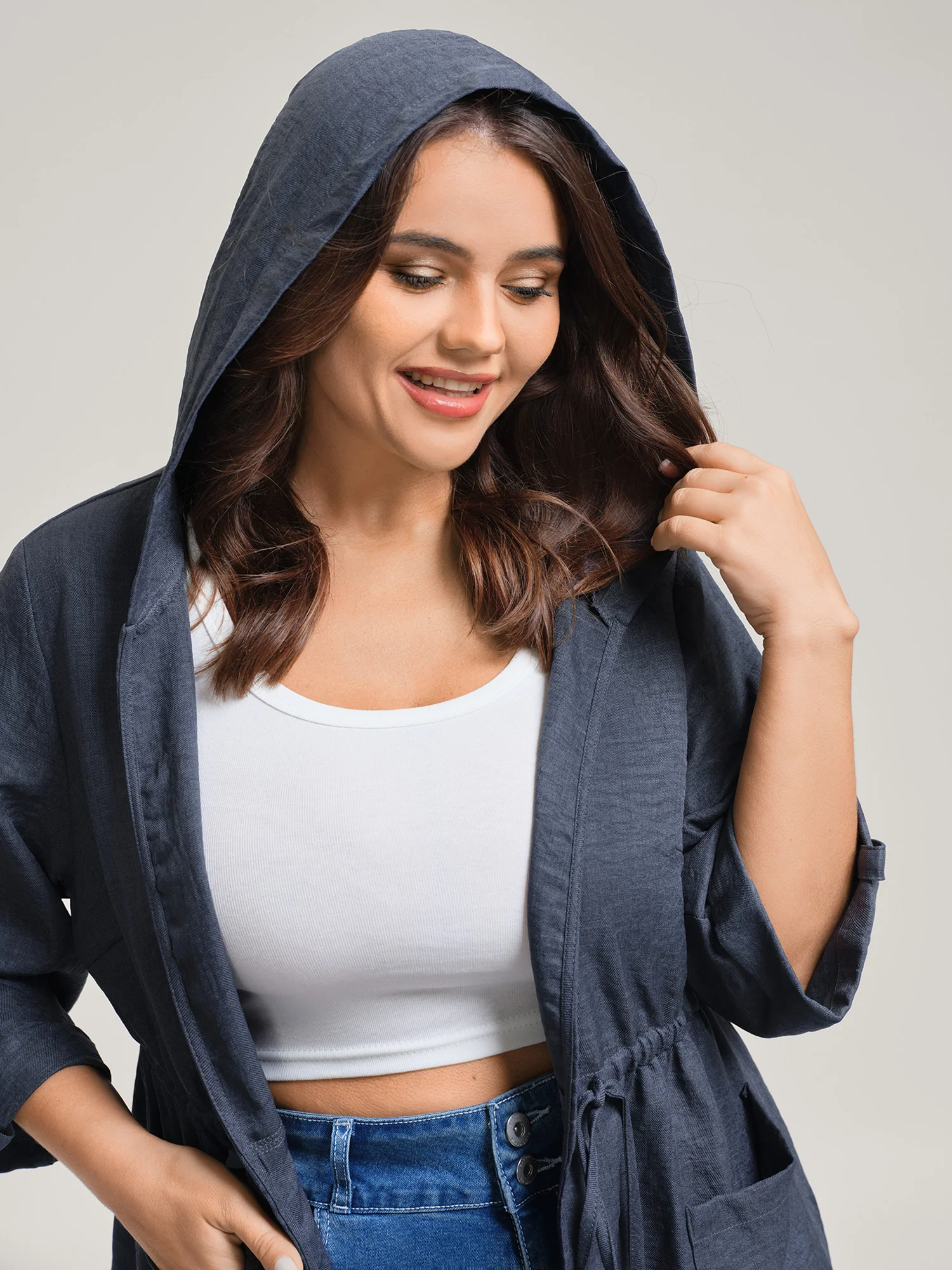 Adjustable Waist-Tie Pockets Hooded Jacket - Image 2