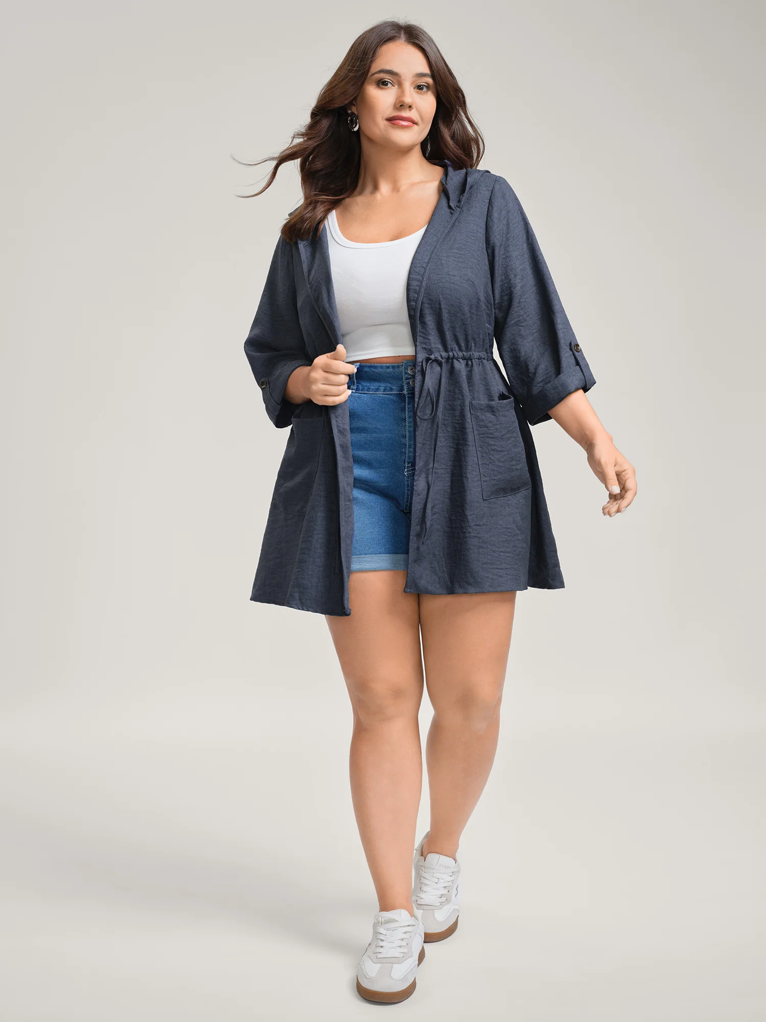 Adjustable Waist-Tie Pockets Hooded Jacket - Image 3