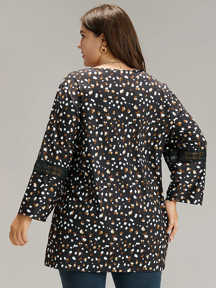 Allover Print Guipure Lace Plicated Detail T-shirt - Image 2