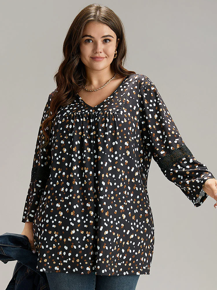 Allover Print Guipure Lace Plicated Detail T-shirt - Image 3