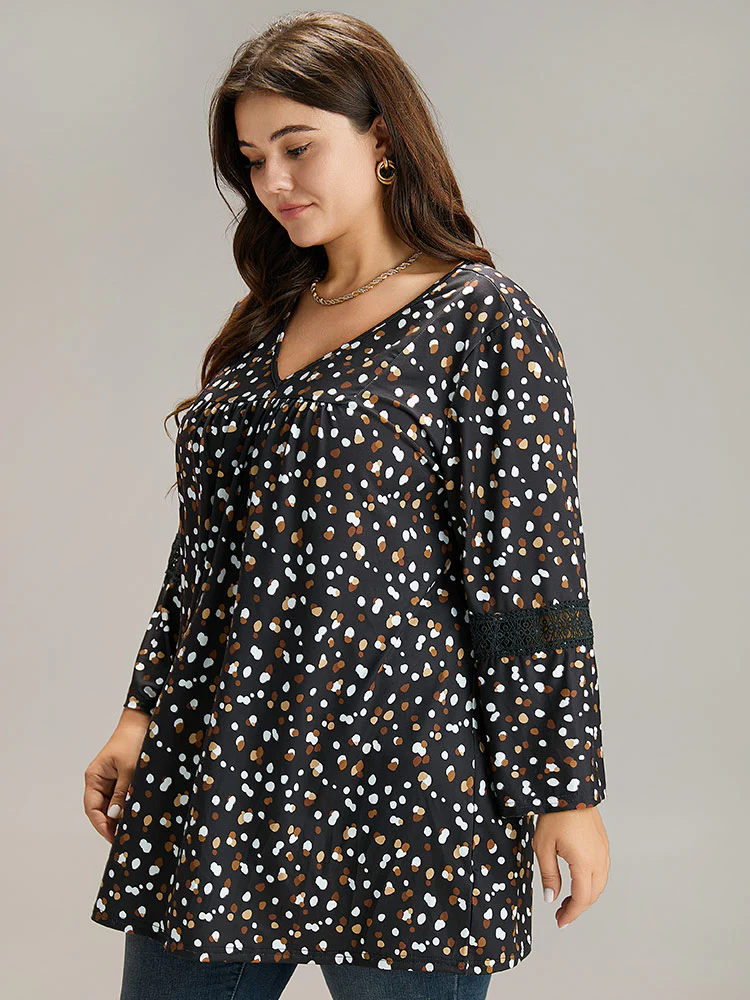 Allover Print Guipure Lace Plicated Detail T-shirt - Image 4