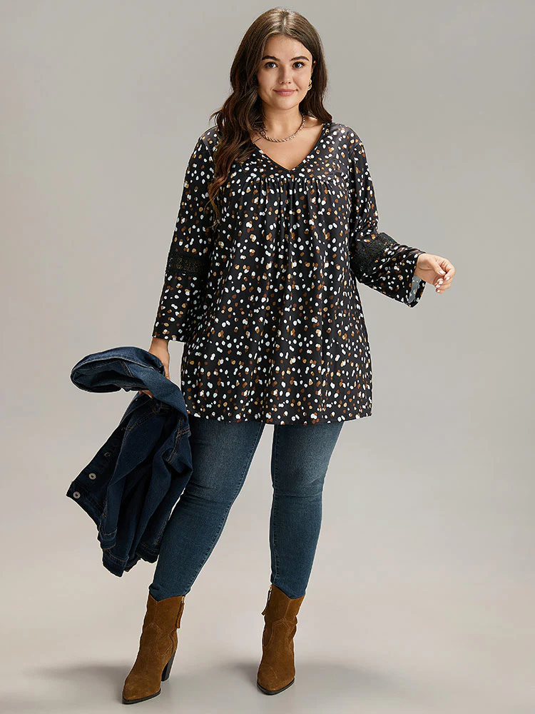 Allover Print Guipure Lace Plicated Detail T-shirt - Image 5