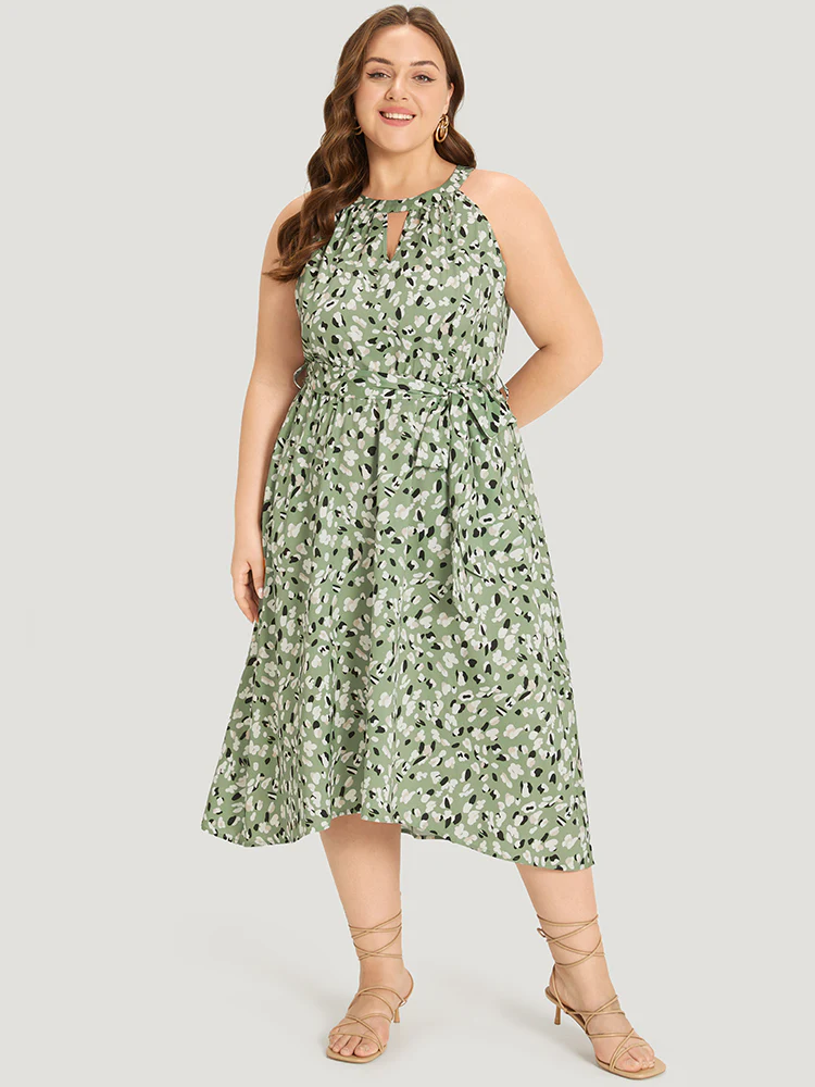 Allover Print Halter Keyhole Pocket Belted Ties Dress - Image 2